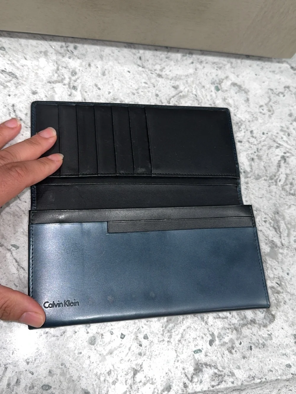 Calvin Klein Bifold Wallet Leather Card Holder Used Navy AUTHENTIC